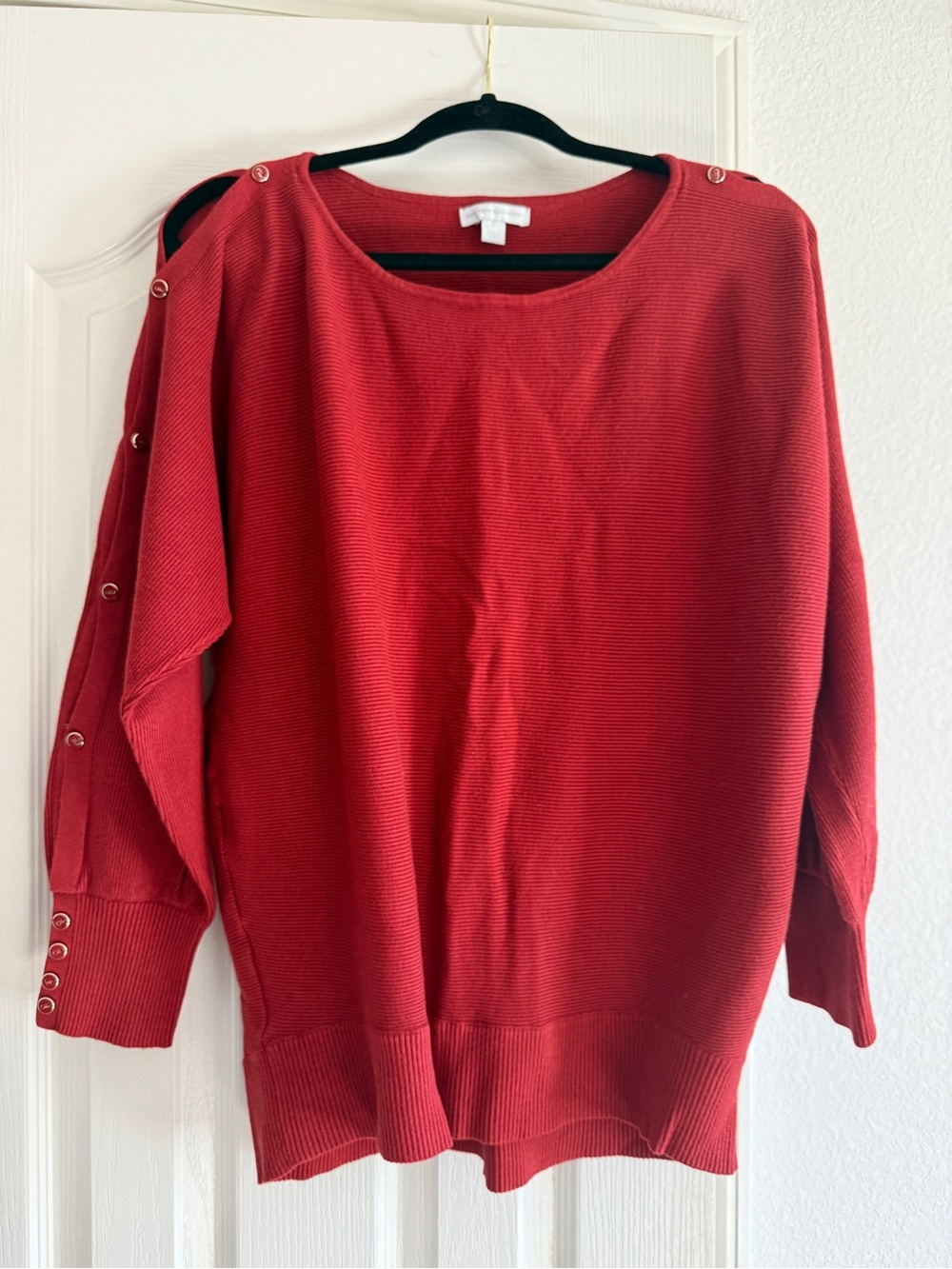 New York & Company Rust Scoop Neck Sweater with Button Sleeve Detail